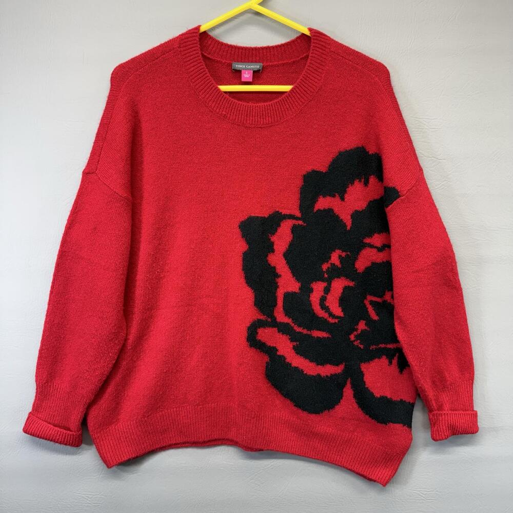 Vince Camuto Sweater Womens Small Red with Black Floral Rose Graphic Pullover